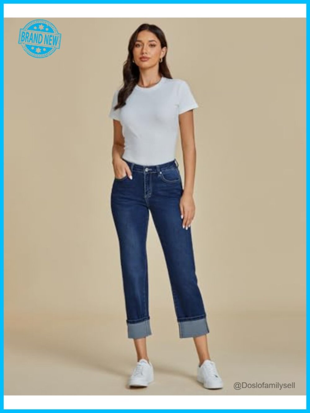 Straight Leg Cropped Jeans with Pockets High Waisted Cuffed Hem Stretchy - Picture 6 of 7